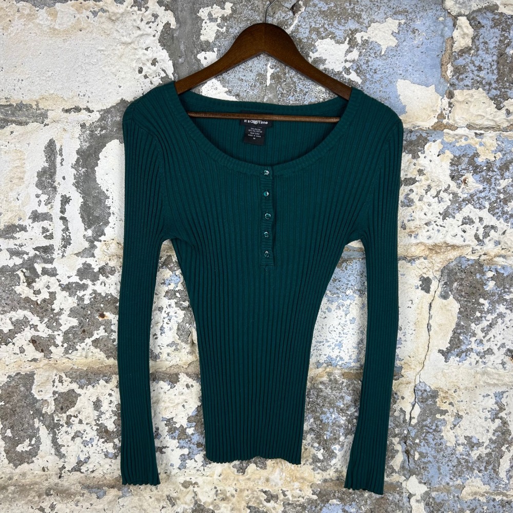 Y2K It's Our Time Stretch Henley Top Green Ribbed Long Sleeve Womens Medium